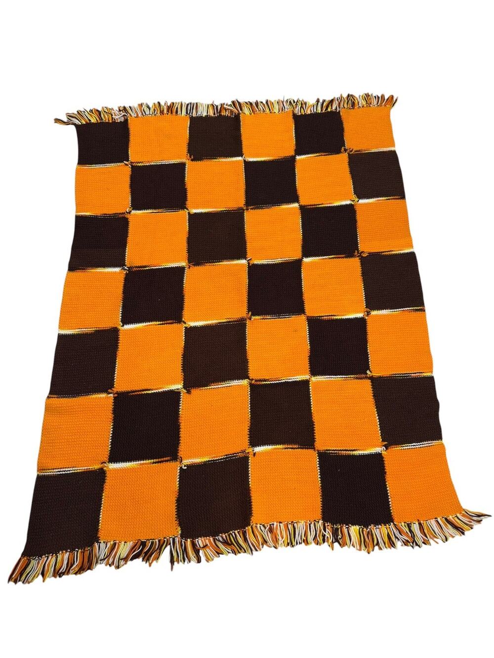 Vintage 70s Granny Square Afghan Crochet Throw Blanket 60”x49" Orange Brown